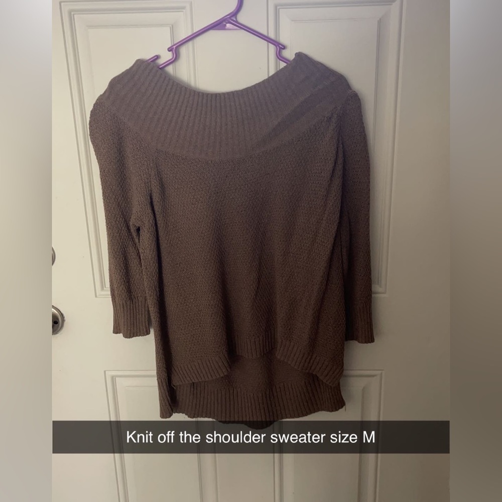 Brown knit off shoulder sweater